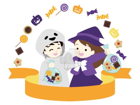 Illustration for Boy and girl dressed up as Halloween and receive sweets - Royalty Free Image