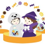 Boy and girl dressed up as Halloween and receive sweets