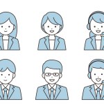 Icon of men and women in suits. Contoured design. Light blue. Simple illustration with outline.