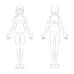 Illustration of the whole body of a woman in underwear. Front and back. Black and white line drawing. Illustration for explaining beauty hair removal and medical care.