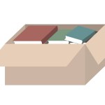 A large number of books in a cardboard box. Simple flat design. Image of moving luggage or used books.
