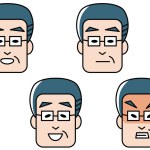 Middle-aged man face icon set in glasses. Various facial expressions
