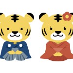 Male and female tigers sitting upright in kimono. New Year's card material for the year of the tiger.