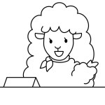 A cute sheep receptionist with a scarf. Monochrome line drawing. Humorous animal illustrations.