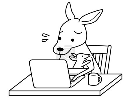 Téléchargez les illustrations : Kangaroos raising children working from home. Black and white line drawing. Humorous animal illustrations. - en licence libre de droit