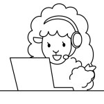 A sheep pointing while looking at a laptop. Monochrome line drawing. Humorous animal illustrations.