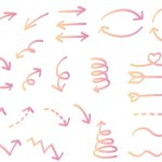 Pink and yellow gradation handwritten arrow set. Heart marks, twirling arrows, twisted arrows, semicircular arrows, etc