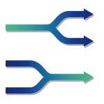 Blue and green gradient bifurcated arrows and joining arrows. An arrow representing a fork in the road or a merging road.