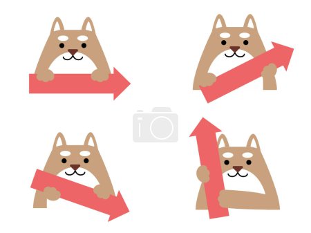Illustration for Arrow set pointing in 4 directions of a cute Shiba Inu. Illustration of a cute animal holding an arrow. - Royalty Free Image