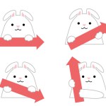 Arrow set pointing in 4 directions of a cute white rabbit. Illustration of a cute animal holding an arrow.