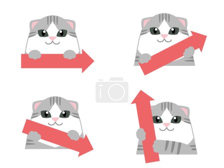 Illustration for Arrow set pointing in 4 directions of a cute cat. Illustration of a cute animal holding an arrow. - Royalty Free Image