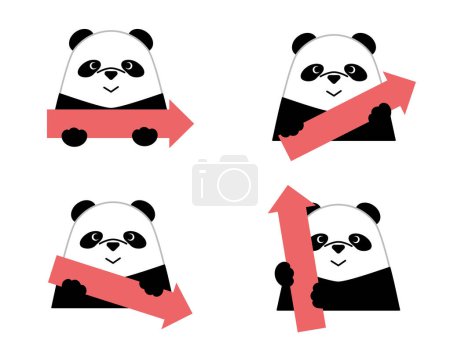 Illustration for Arrow set pointing in 4 directions of cute panda. Illustration of a cute animal holding an arrow. - Royalty Free Image