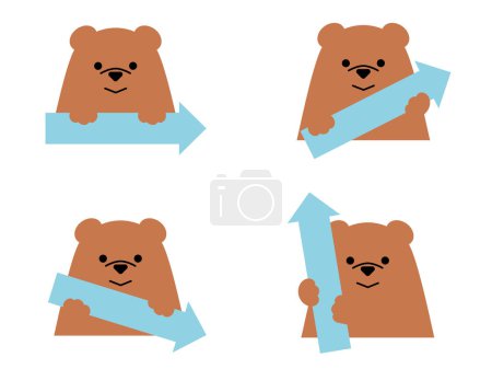 Illustration for Arrow set pointing in 4 directions of a cute bear. Illustration of a cute animal holding an arrow - Royalty Free Image