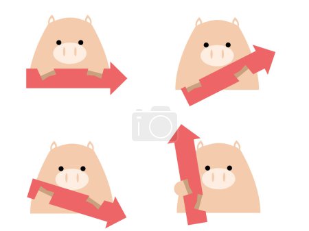 Illustration for Arrow set pointing in 4 directions of a cute pig. Illustration of a cute animal holding an arrow. - Royalty Free Image