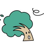 A tree character that is blown by a strong wind. A cute illustration of a deformed tree.