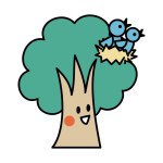 A tree character staring at a bird's nest and smiling. A cute illustration of a deformed tree.