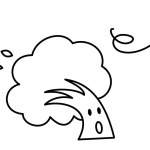 A tree character that is blown by a strong wind. Black and white line drawing. A cute illustration of a deformed tree.