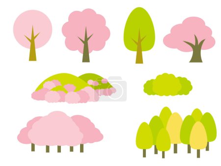 Ilustración de Conjunto de material de ilustración de cerezo de primavera y montaña. Cerezo aislado o montaña con flores de cerezo. - Imagen libre de derechos