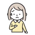 A girl with an uneasy expression who is sweating cold and putting her hand on her chest. Simple style illustrations with outlines. Elementary school or kindergarten girl.