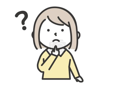 A girl with a questioning expression with a question mark on her head. Simple style illustrations with outlines. Elementary school or kindergarten girl