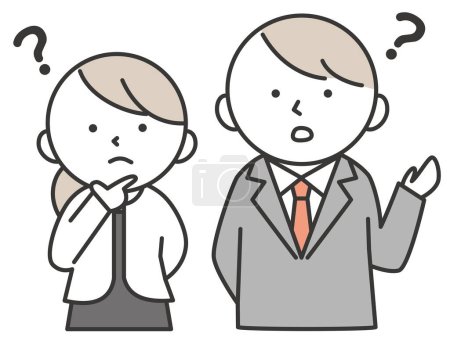A couple of young men and women wearing a formal dress with a troubled expression with a question mark on their head. Simple style illustrations with outlines.
