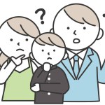 A male student with a worried expression wearing a school uniform and his parents. Family illustration of son and parents. Simple style illustrations with outlines.