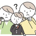 A female student with a worried expression wearing a blazer uniform and her parents. Family illustration of daughter and parents. Simple style illustrations with outlines.