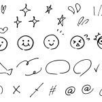 One-point symbol set such as hand-drawn hearts, stars and emoticons. A stylish illustration that can be used as a focal point.