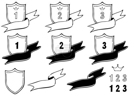Illustration for Ranking material for shields with fluttering ribbons. Black-and-white hand-drawn line drawings. - Royalty Free Image