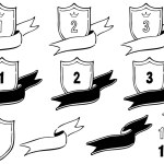 Ranking material for shields with fluttering ribbons. Black-and-white hand-drawn line drawings.