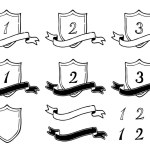 Ranking material for shields with diagonal ribbons. Black-and-white hand-drawn line drawings.