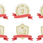 Red ribbon ranking material. A golden medal and shield. Illustration of an emblem with a ribbon on which the numbers No.1 to No.3 are written.