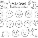 Simple and cute icon set of various facial expressions. Black line drawing with hand-drawn touch