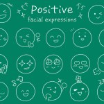 Simple and cute positive facial expression icon set. White line drawing with hand-drawn touch