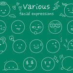 Simple and cute icon set of various facial expressions. White line drawing with hand-drawn touch