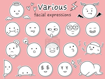 Illustration for Simple and cute icons with various facial expressions. Illustration of black-and-white hand-drawn sticker-style design - Royalty Free Image