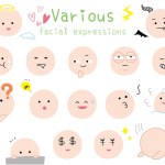 Simple and cute icons with various facial expressions. Colored flat design illustration