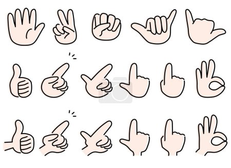 Color icon set with black outline of various hand signs. Hand poses such as pointing, OK sign, etc.