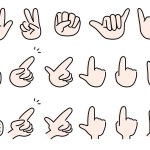 Color icon set with black outline of various hand signs. Hand poses such as pointing, OK sign, etc.