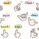 Set of hand signs and handwritten letters such as OK sign and pointing. Colorful and cute design.