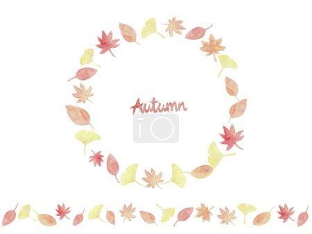 Illustration for Autumn circular frame and decorative border of maple and ginkgo painted in watercolor. Material in calm colors of orange and yellow. - Royalty Free Image