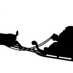 Silhouette of Santa Claus riding a reindeer sleigh flying through the sky. Christmas illustration material.