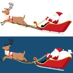 Santa Claus riding a reindeer sleigh flying through the sky. Christmas illustration material.