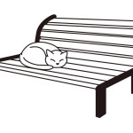 A cat curled up and sleeping on a bench. Monochrome line drawing.