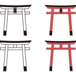 Collection of simple torii icons. monochrome and color. Gate at the entrance of a shrine.
