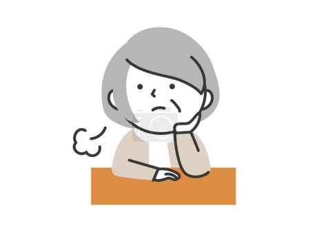 Illustration for Senior woman resting her chin on her hand and sighing. A simple and cute cartoon-style senior illustration. - Royalty Free Image