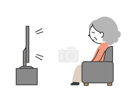 Illustration for Senior woman sitting on the sofa and watching TV. A simple and cute cartoon-style senior illustration. - Royalty Free Image