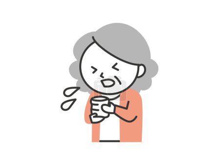 Illustration for Illustration of a senior woman drinking tea and choking - Royalty Free Image