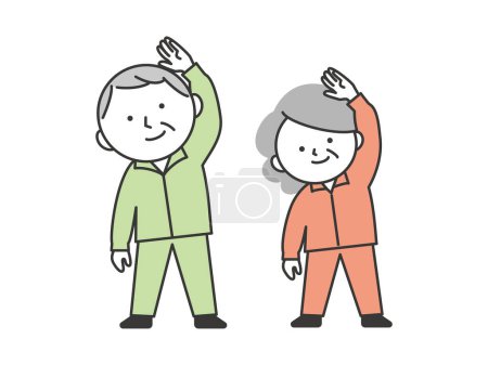 A senior couple wearing training clothes and doing gymnastics. A simple and cute cartoon-style senior illustration.