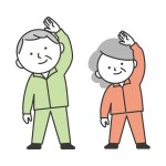 A senior couple wearing training clothes and doing gymnastics. A simple and cute cartoon-style senior illustration.